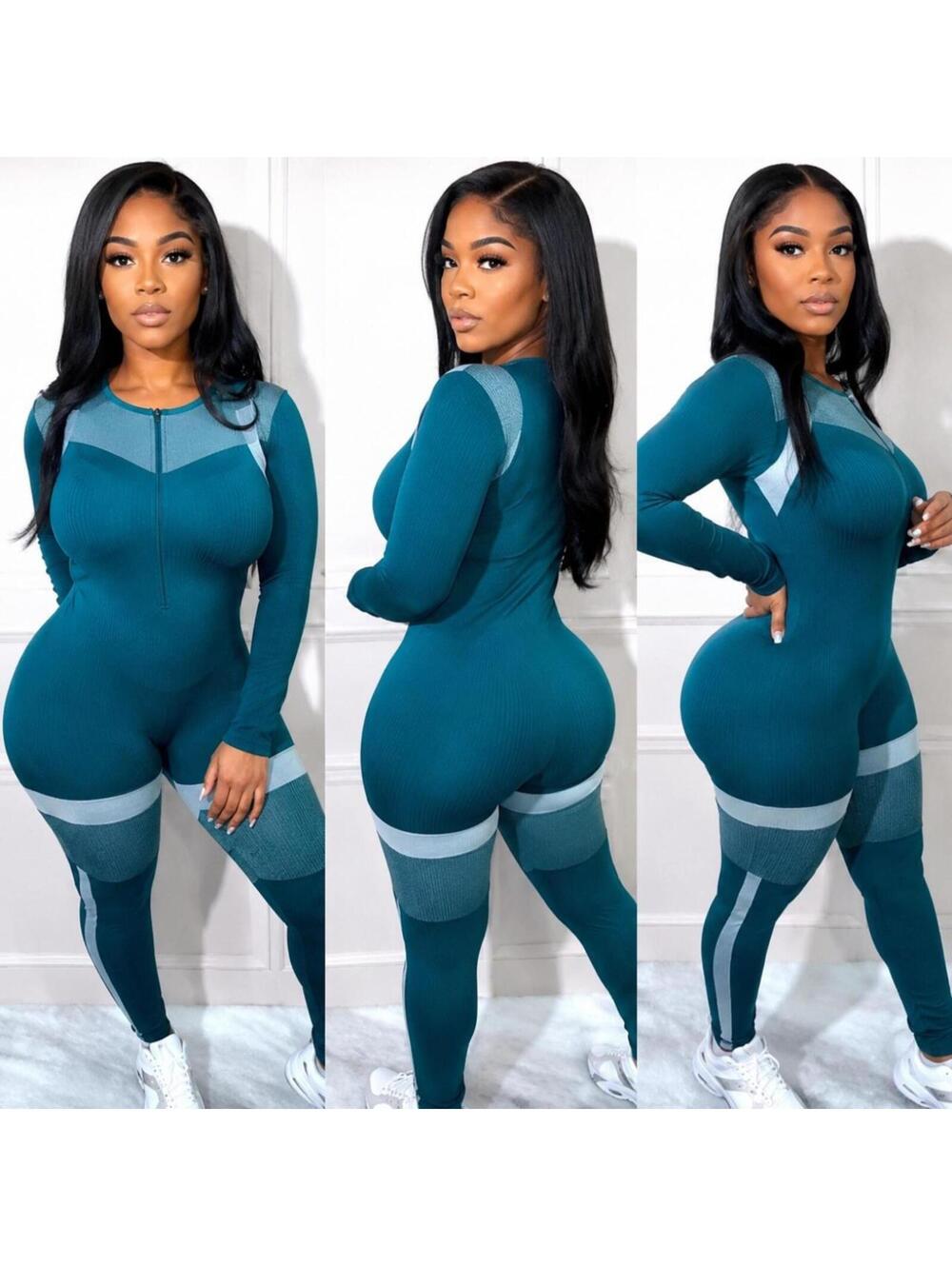 Green & White Front Zip Jumpsuit | Size Small - Picture 2 of 2